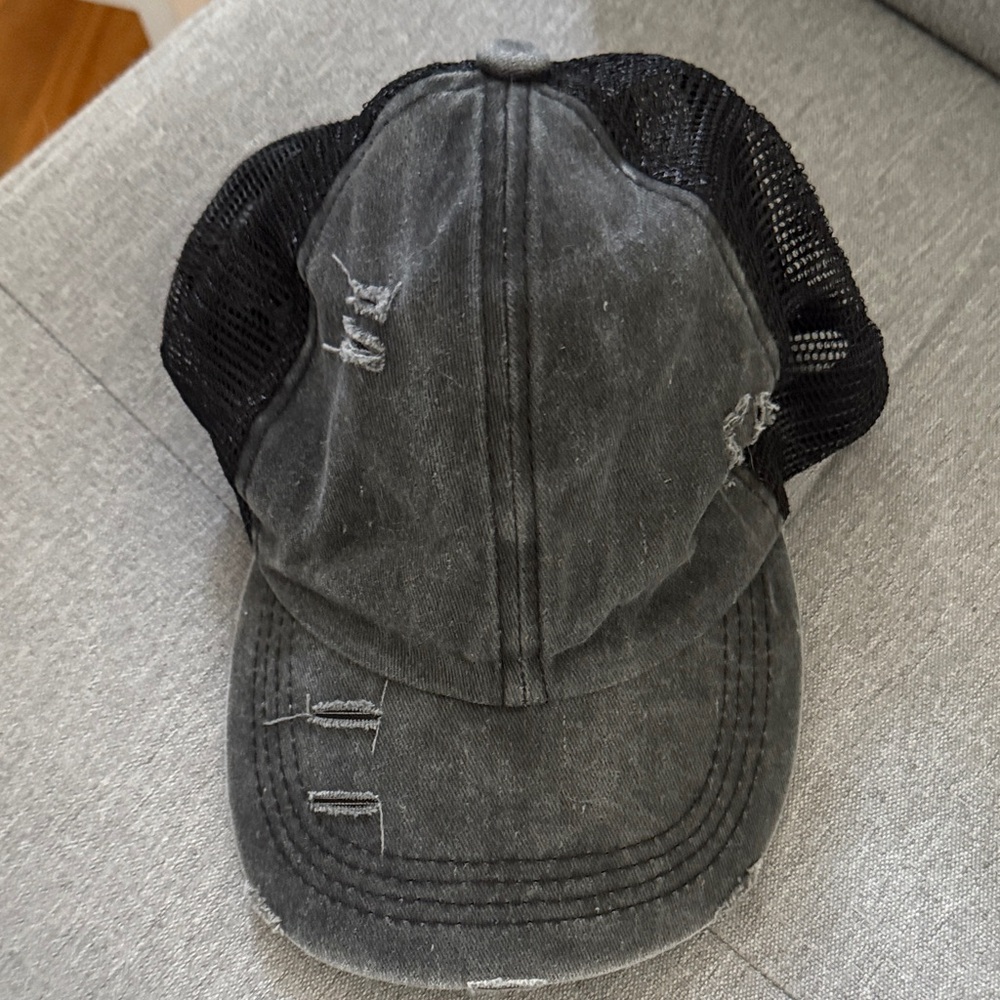 Distressed Black Mesh Cap with ponytail hole